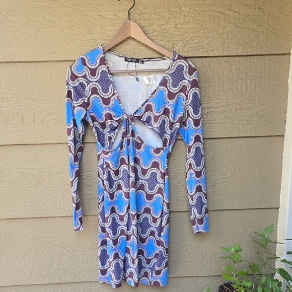 Nasty Down Blue Mod Print Long Sleeve Stretch Cut Out Dress 8 - Picture 5 of 10